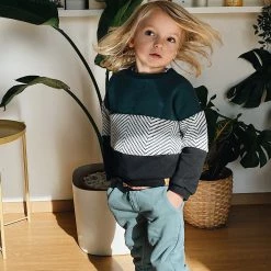 SHOKO Sweaters & Hoodies Kids Sweater Mia In Green, White Herringbone & Black