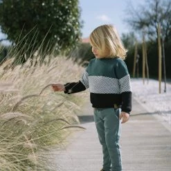 SHOKO Sweaters & Hoodies Kids Sweater Mia In Green, White Herringbone & Black