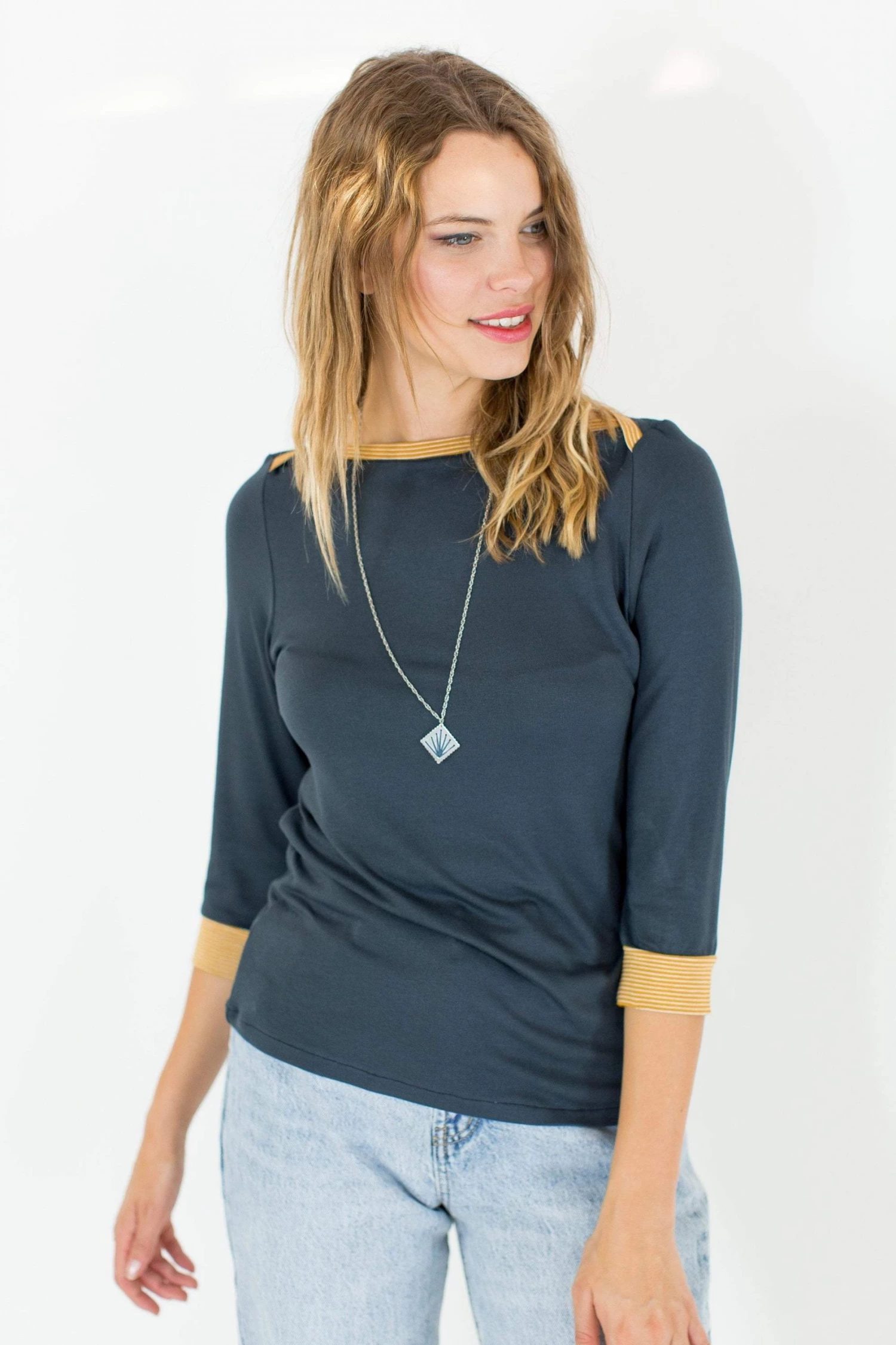 SHOKO Top June In Navy Blue And Mustard. Tops & T-Shirts 1 SHOKO Top June In Navy Blue And Mustard. Tops & T-Shirts