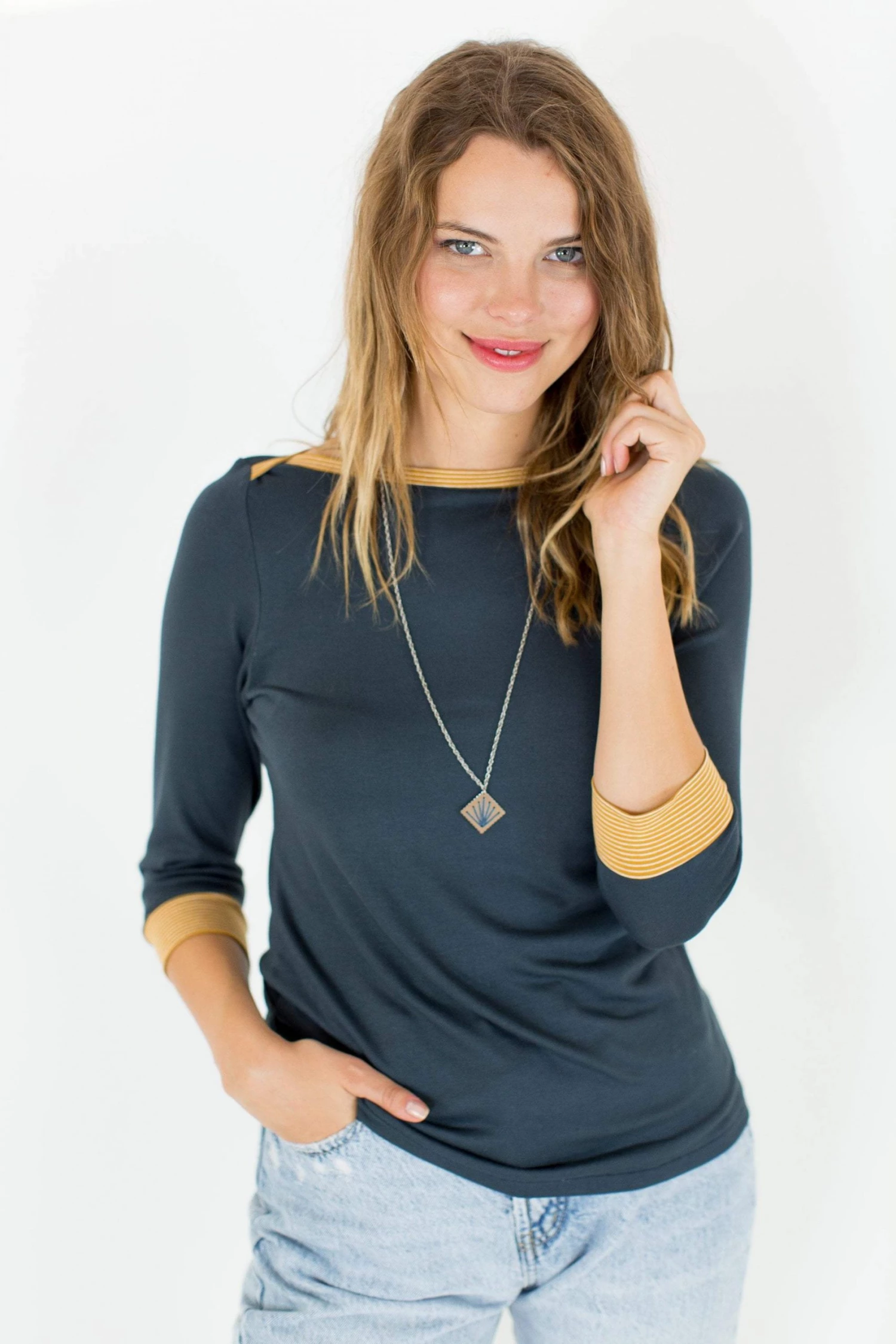 SHOKO Top June In Navy Blue And Mustard. Tops & T-Shirts 3 SHOKO Top June In Navy Blue And Mustard. Tops & T-Shirts